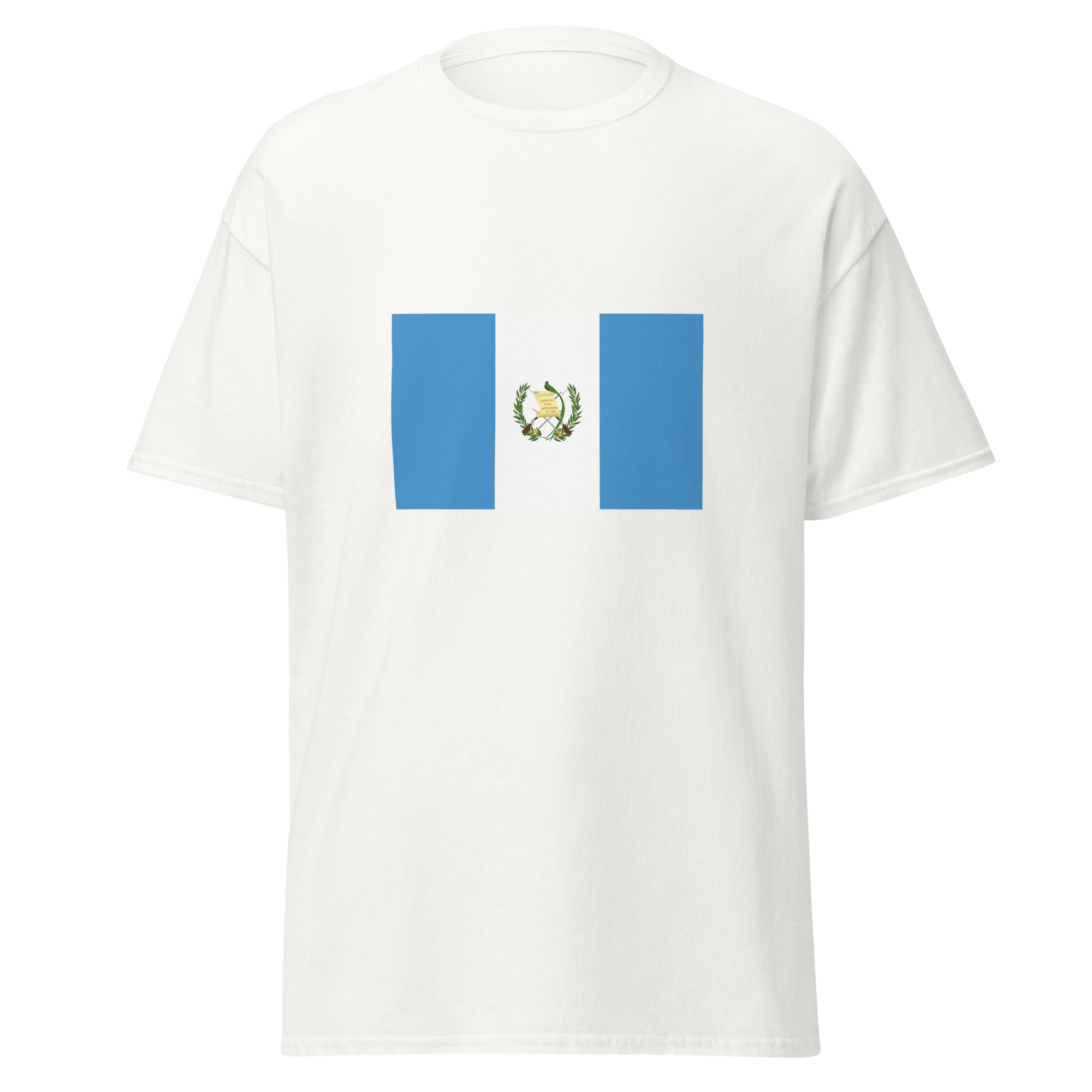 Unisex black t-shirt featuring Guatemalan flag design printed across the front chest