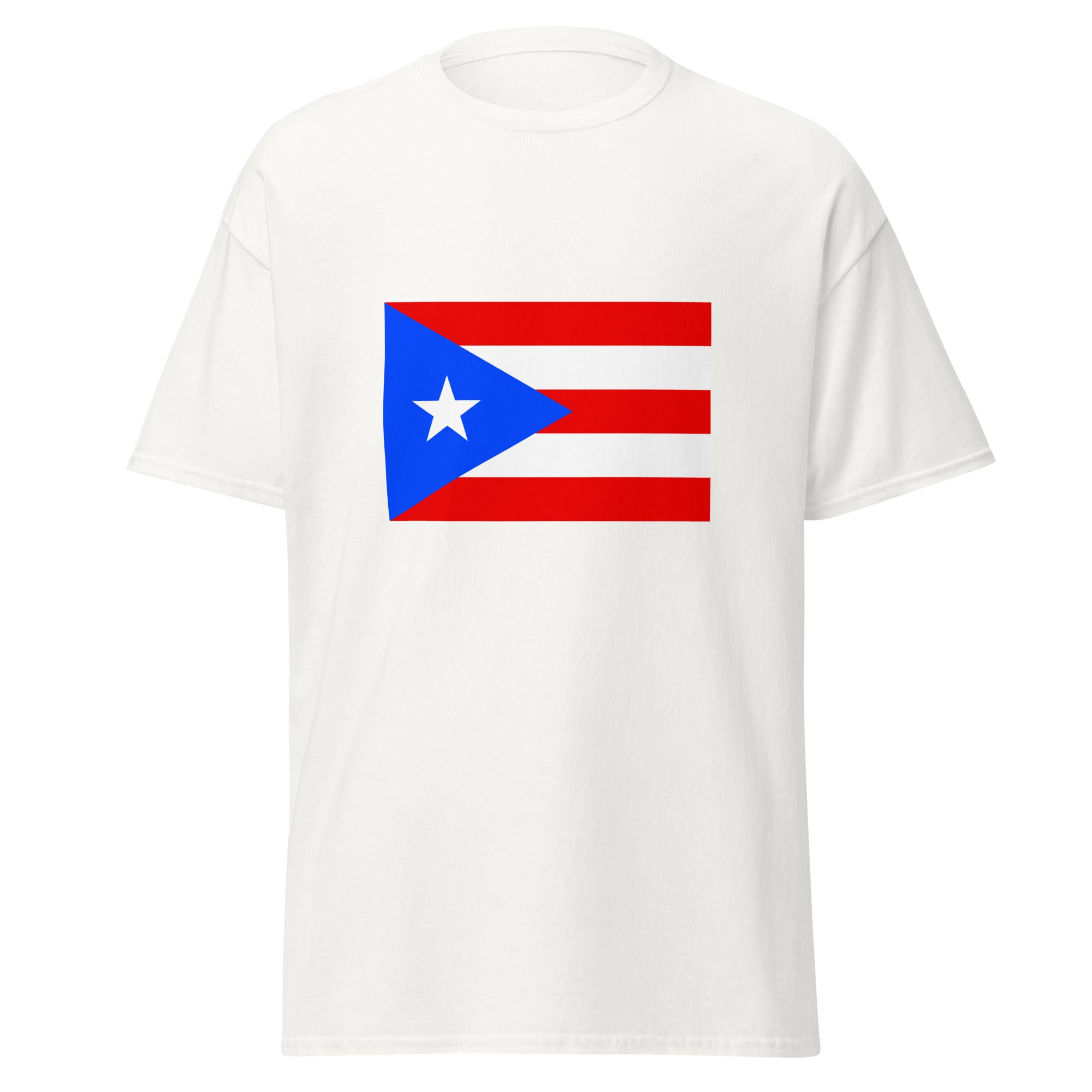 Unisex black t-shirt featuring Puerto Rican flag design printed across the front chest