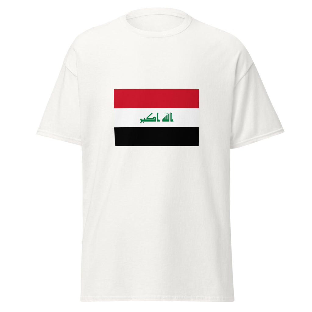 Unisex black t-shirt featuring Iraqi flag design printed across the front chest