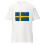 Unisex black t-shirt featuring Swedish flag design printed across the front chest