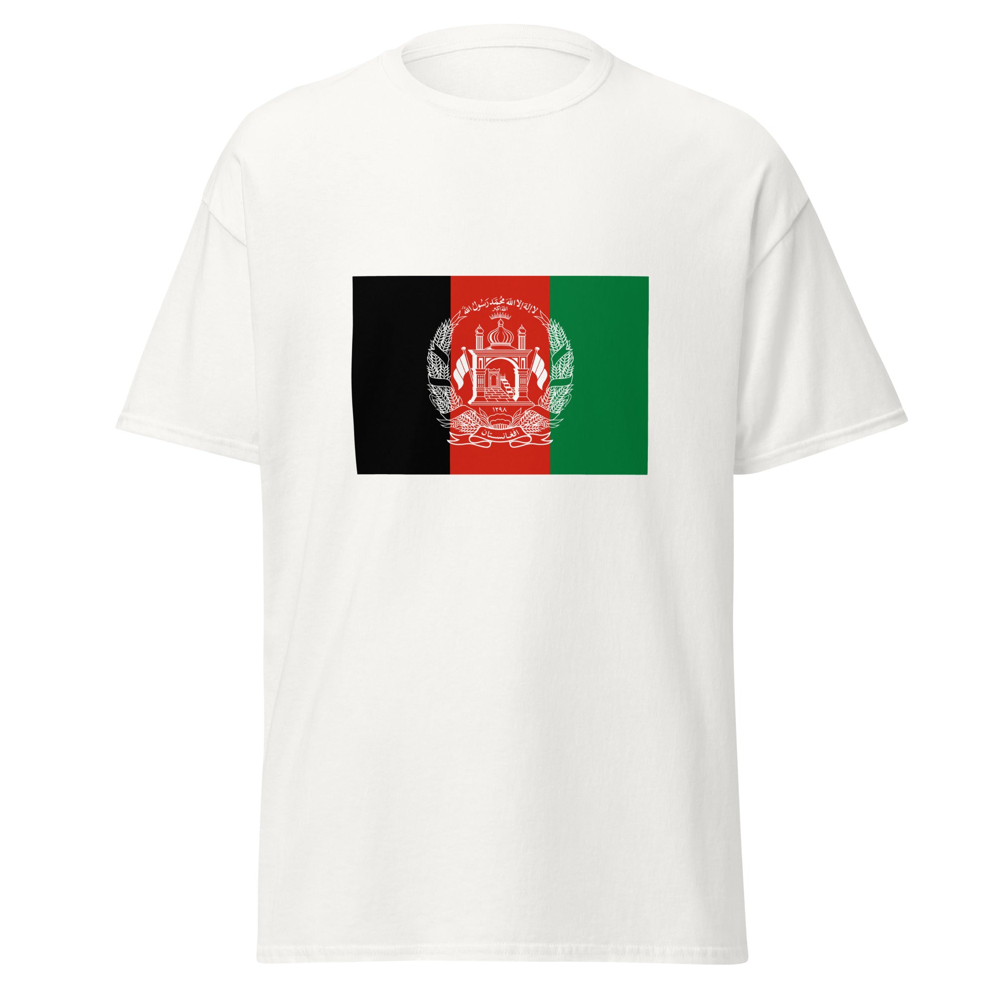 Unisex black t-shirt featuring Afghan flag design printed across the front chest