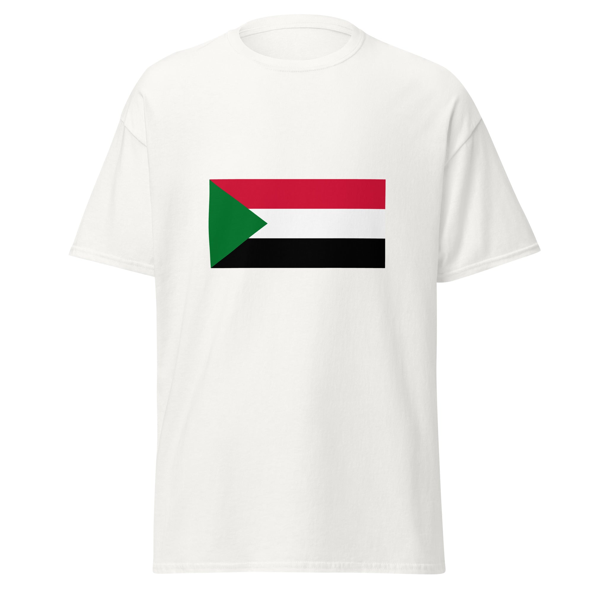 Unisex black t-shirt featuring Sudanese flag design printed across the front chest