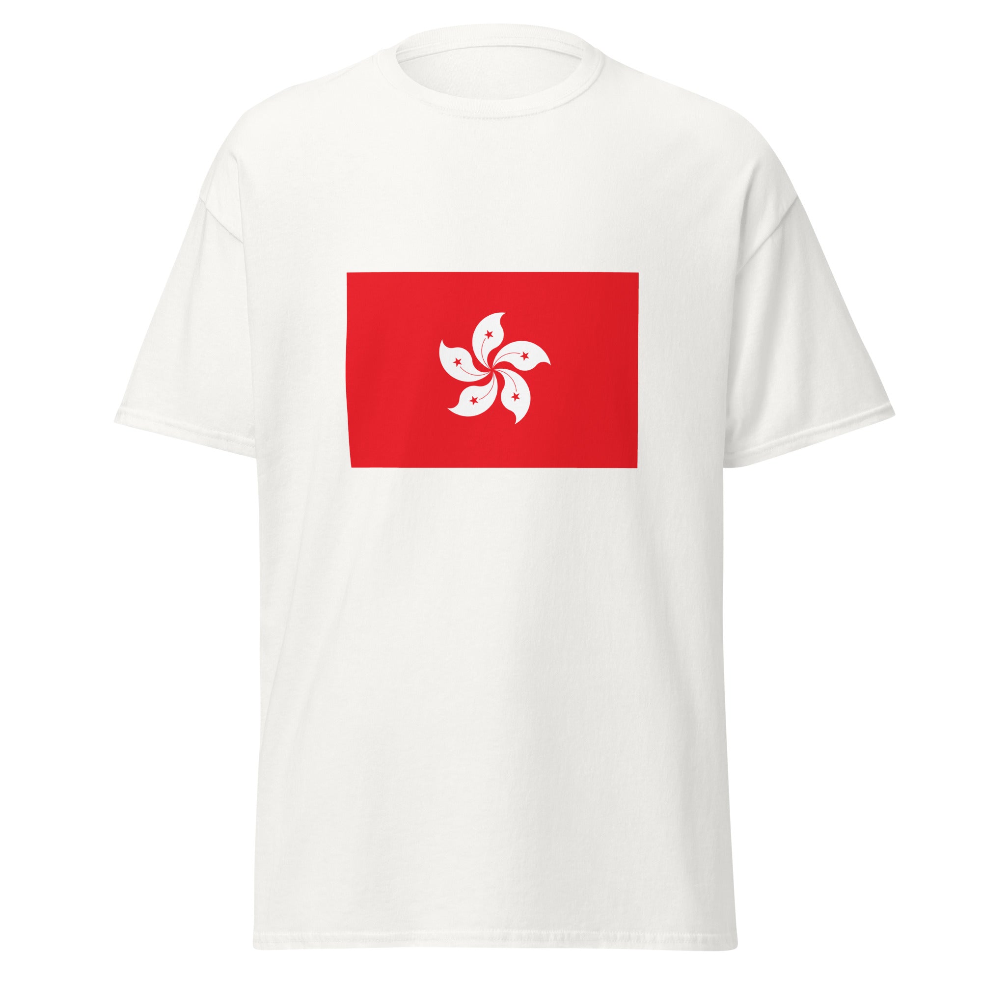 Unisex black t-shirt featuring Hong Kong flag design printed across the front chest
