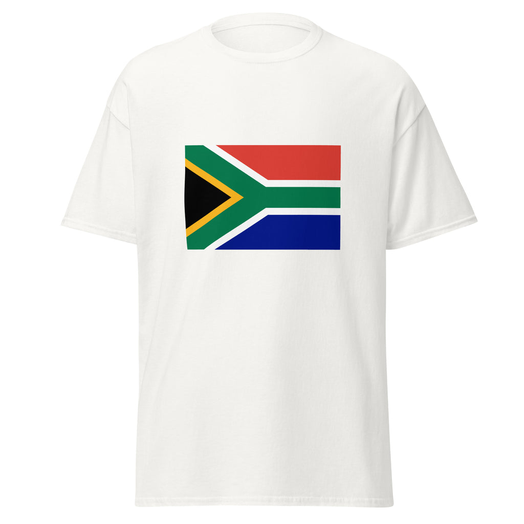 Unisex black t-shirt featuring South African flag design printed across the front chest