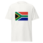 Unisex black t-shirt featuring South African flag design printed across the front chest