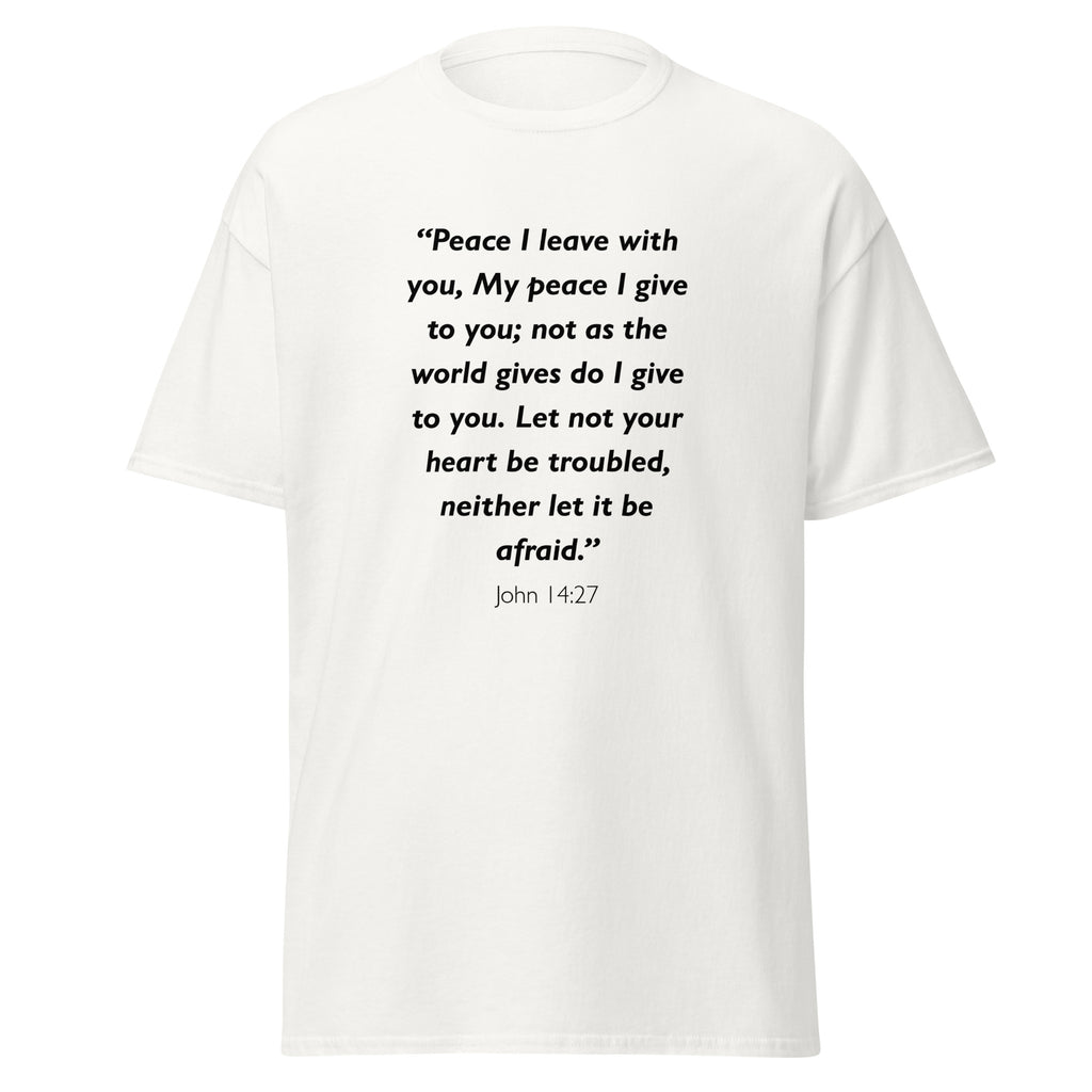Unisex heather gray t-shirt with John 14:27 Bible verse printed in black text on front