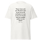 Unisex heather gray t-shirt with John 14:27 Bible verse printed in black text on front