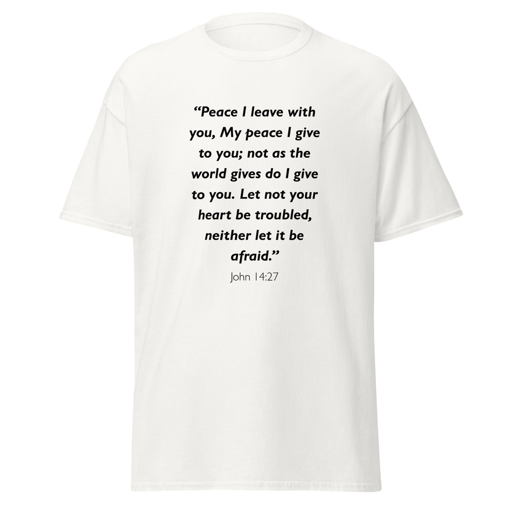 Unisex heather gray t-shirt with John 14:27 Bible verse printed in black text on front