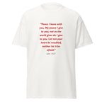 Unisex black t-shirt with John 14:27 Bible verse printed in red text on front