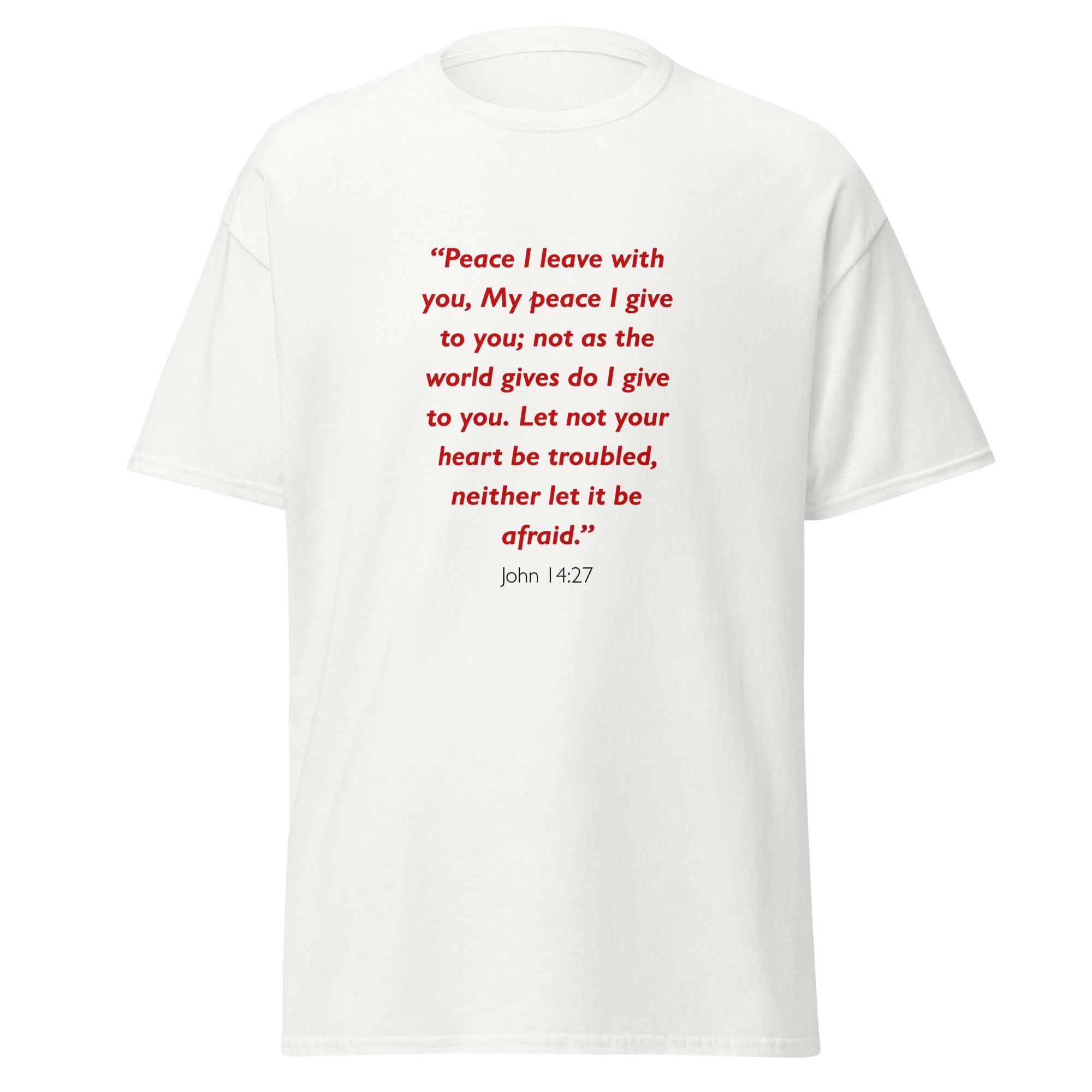 Unisex black t-shirt with John 14:27 Bible verse printed in red text on front