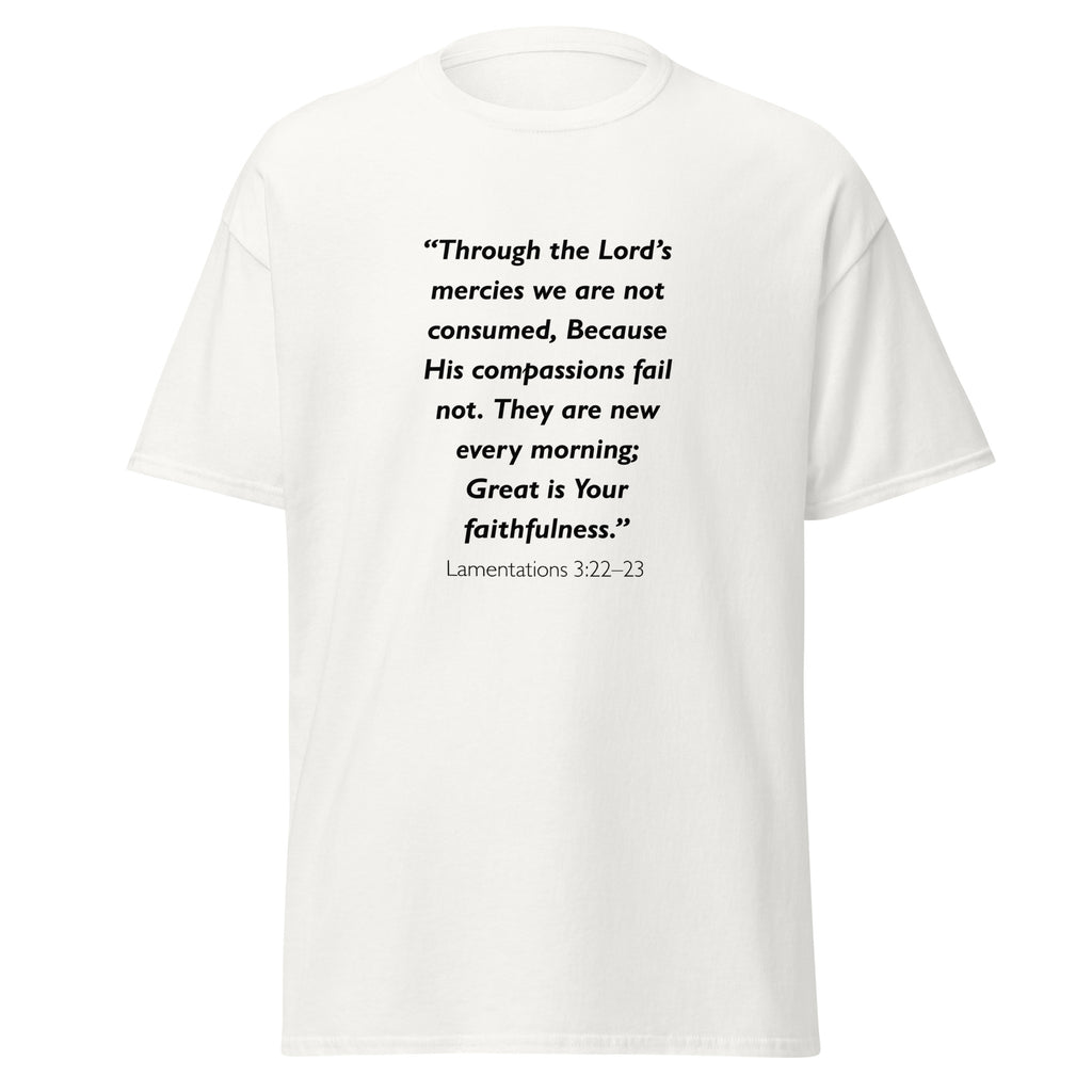 Unisex heather gray t-shirt with Lamentations 3:22-23 Bible verse printed in black text on front