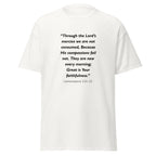 Unisex heather gray t-shirt with Lamentations 3:22-23 Bible verse printed in black text on front