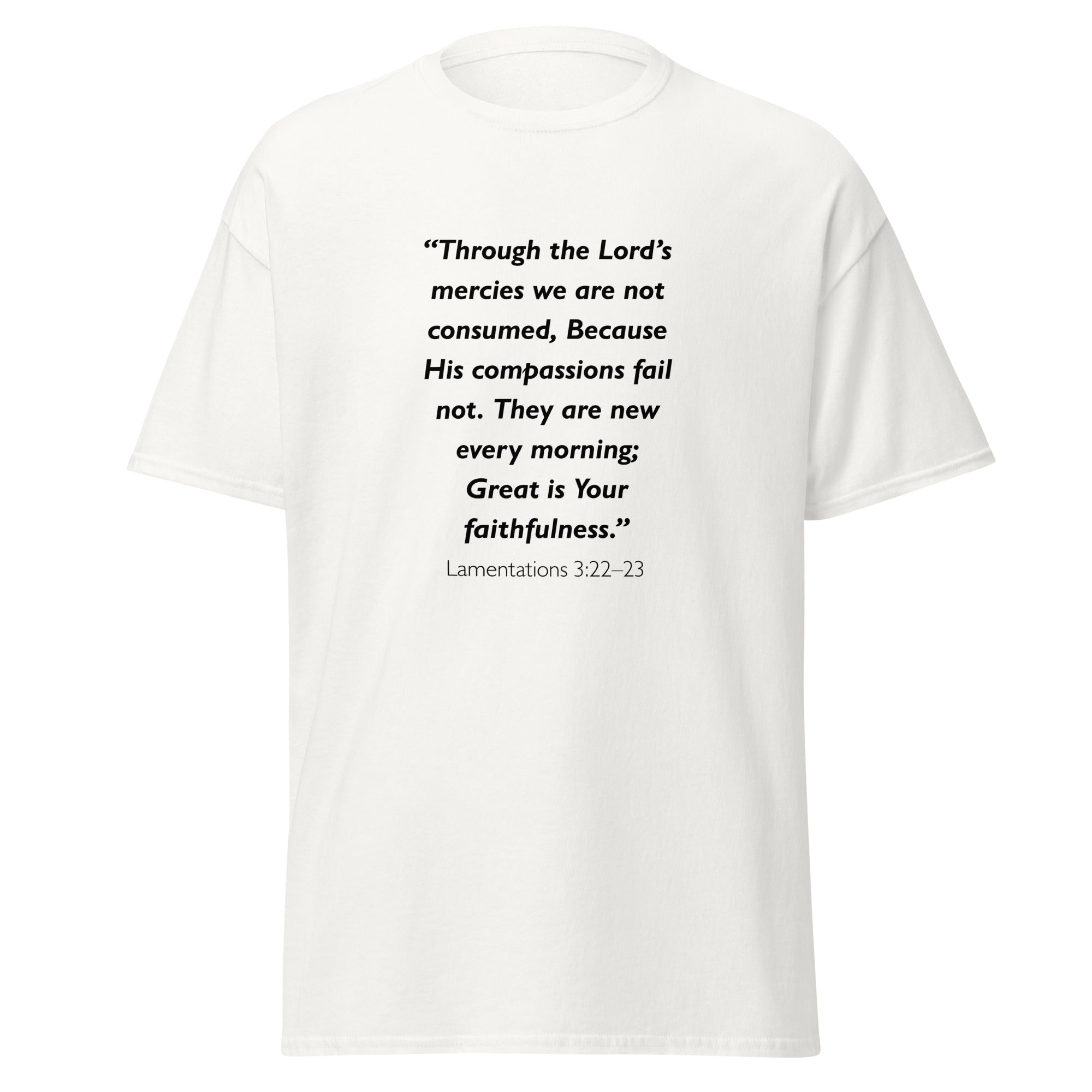 Unisex heather gray t-shirt with Lamentations 3:22-23 Bible verse printed in black text on front