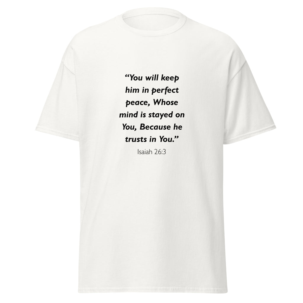 Unisex black t-shirt with Isaiah 26:3 Bible verse printed in black text on front