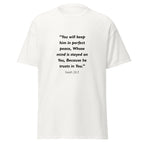 Unisex black t-shirt with Isaiah 26:3 Bible verse printed in black text on front