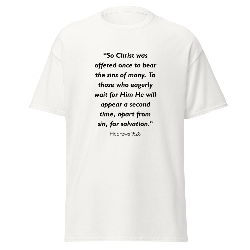 Unisex heather gray t-shirt with Hebrews 9:28 Bible verse printed in black text on front