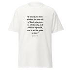 Unisex black t-shirt with James 1:5 Bible verse printed in black text on front