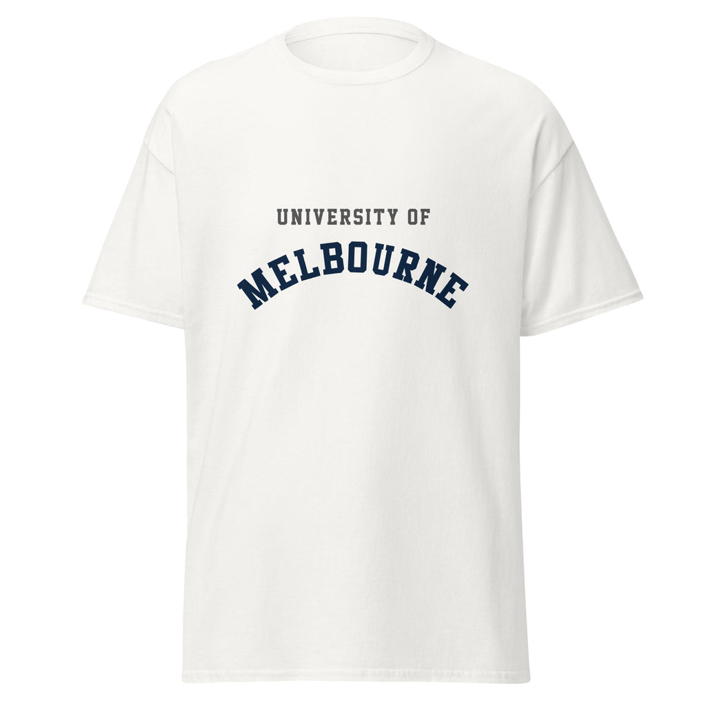 Unisex heather gray t-shirt featuring University of Melbourne logo printed across the front chest