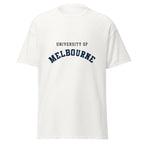 Unisex heather gray t-shirt featuring University of Melbourne logo printed across the front chest