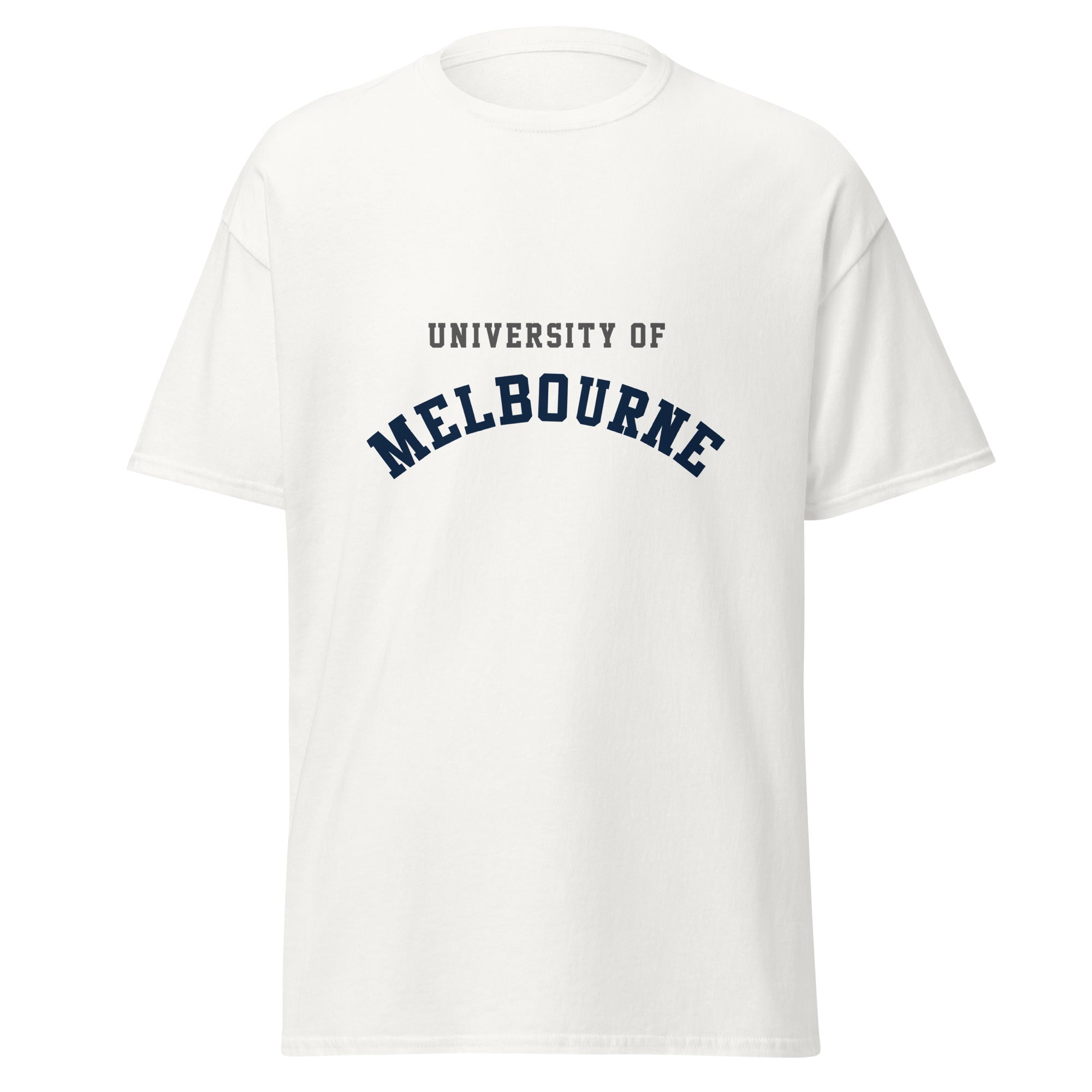 Unisex heather gray t-shirt featuring University of Melbourne logo printed across the front chest
