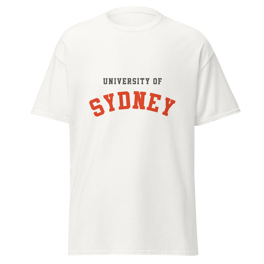 Unisex navy blue t-shirt featuring University of Sydney logo printed across the front chest