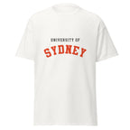 Unisex navy blue t-shirt featuring University of Sydney logo printed across the front chest