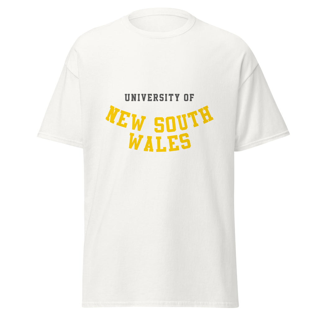 Unisex navy blue t-shirt featuring University of New South Wales logo printed across the front chest