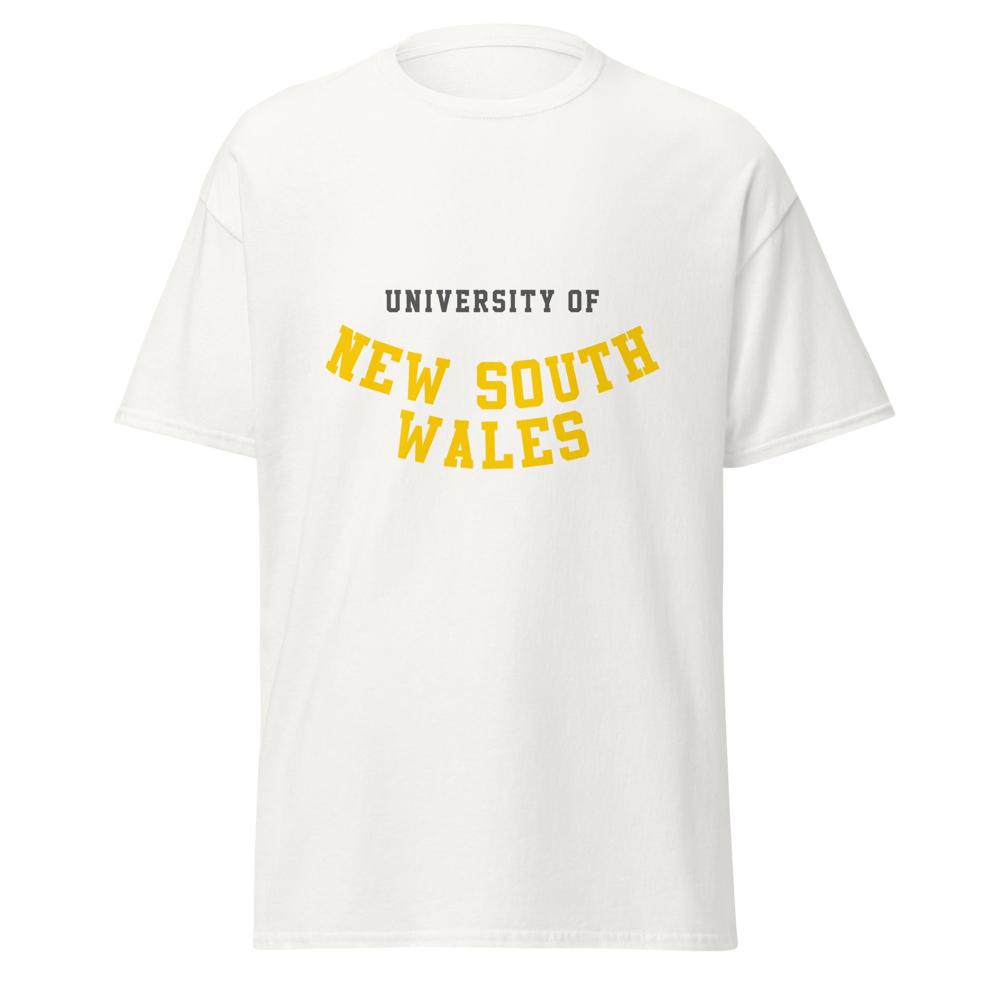 Unisex navy blue t-shirt featuring University of New South Wales logo printed across the front chest