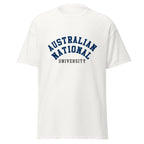 Unisex navy blue t-shirt featuring Australian National University logo printed across the front chest