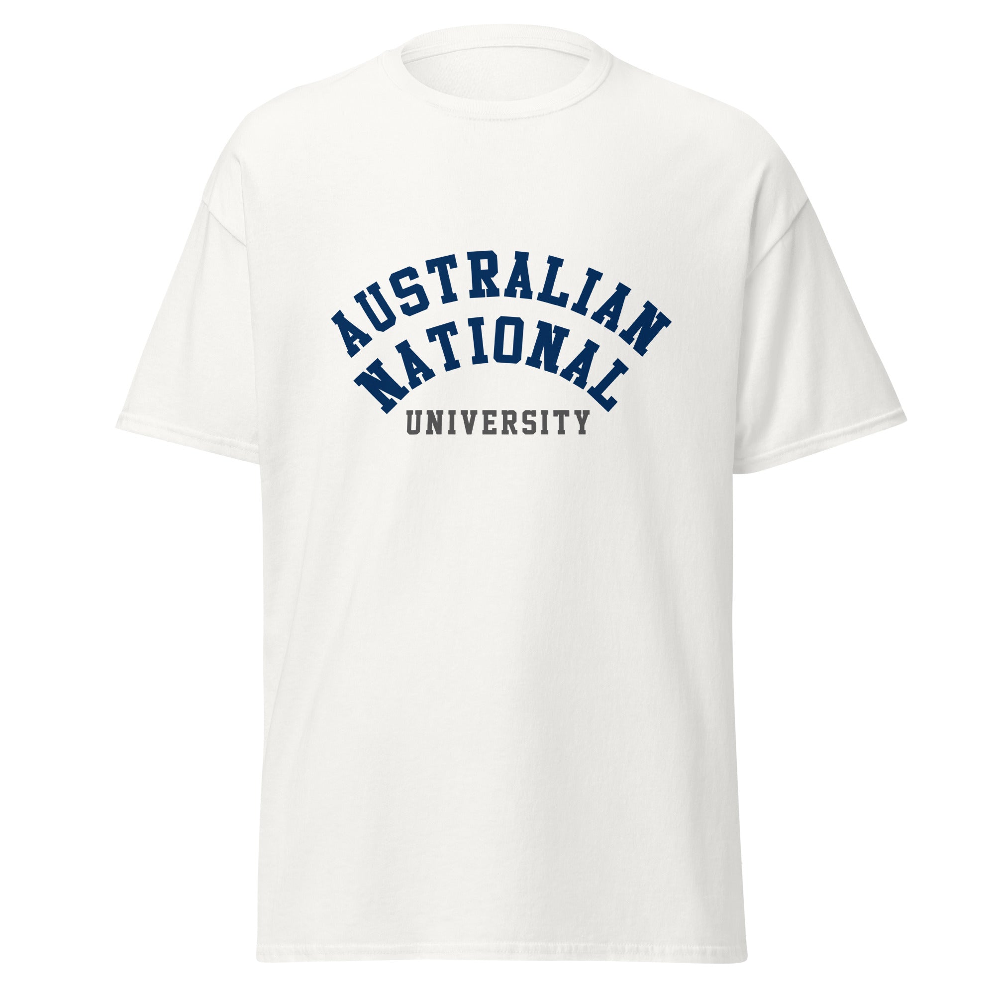 Unisex navy blue t-shirt featuring Australian National University logo printed across the front chest