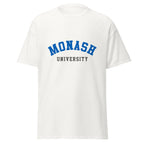 Unisex black t-shirt featuring Monash University logo printed across the front chest