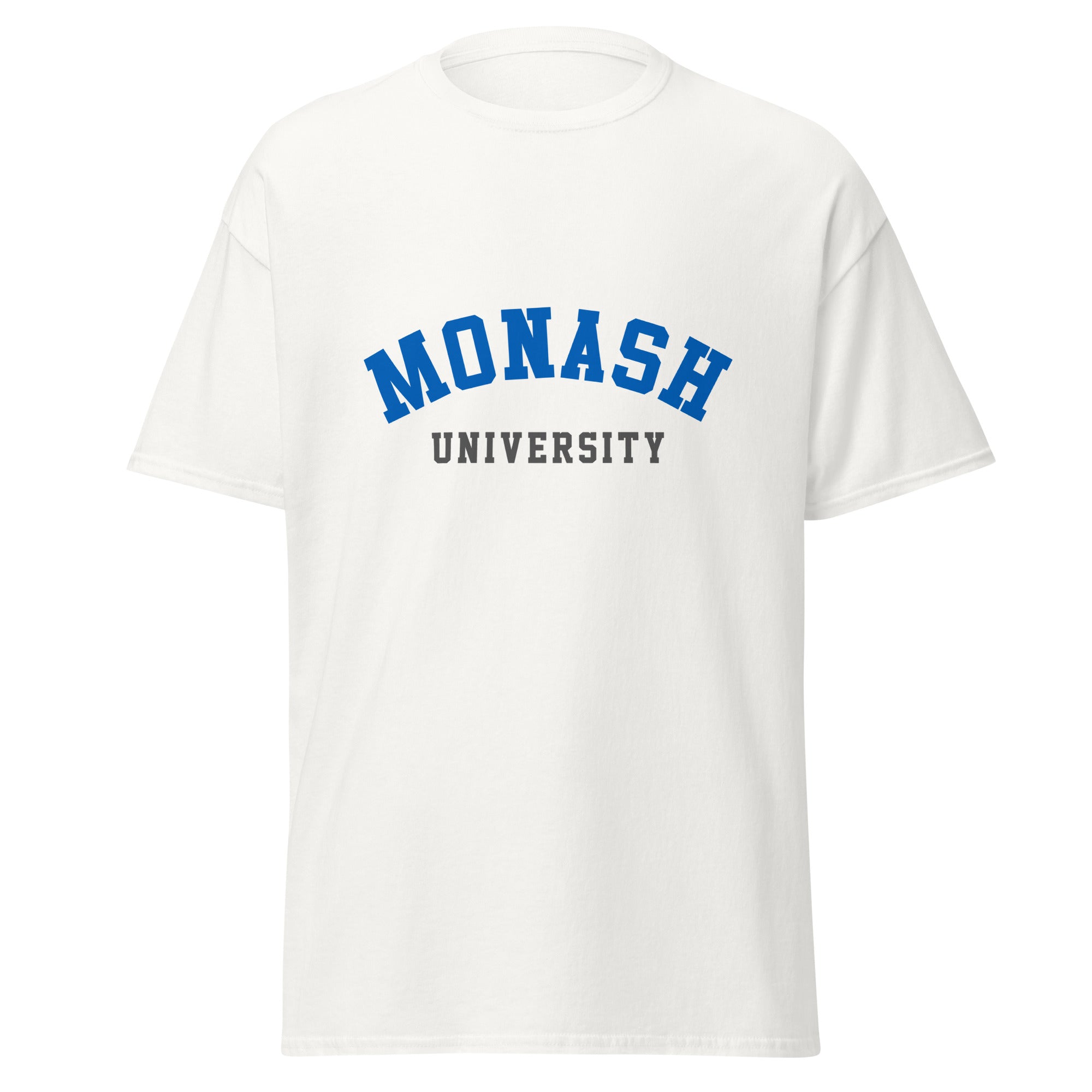 Unisex black t-shirt featuring Monash University logo printed across the front chest