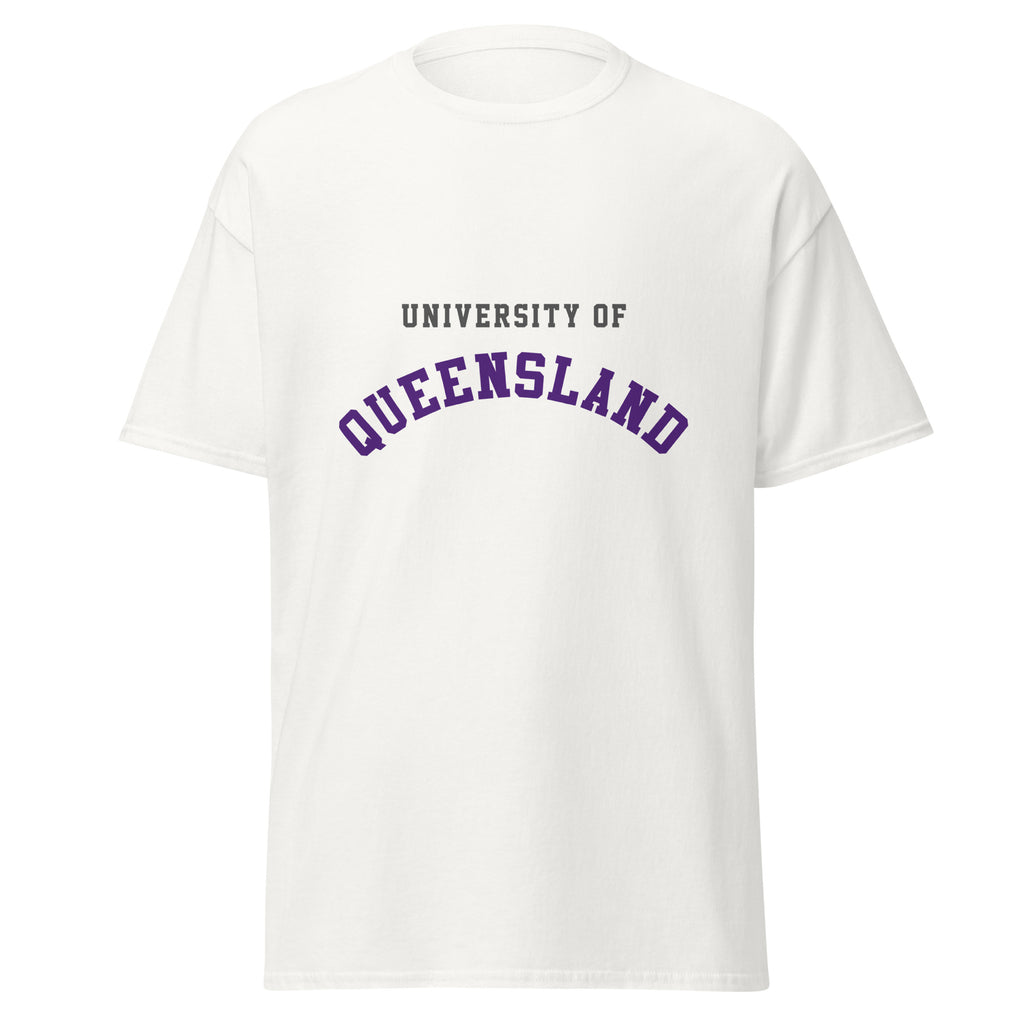 Unisex black t-shirt featuring University of Queensland logo printed across the front chest
