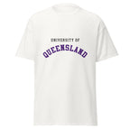 Unisex black t-shirt featuring University of Queensland logo printed across the front chest