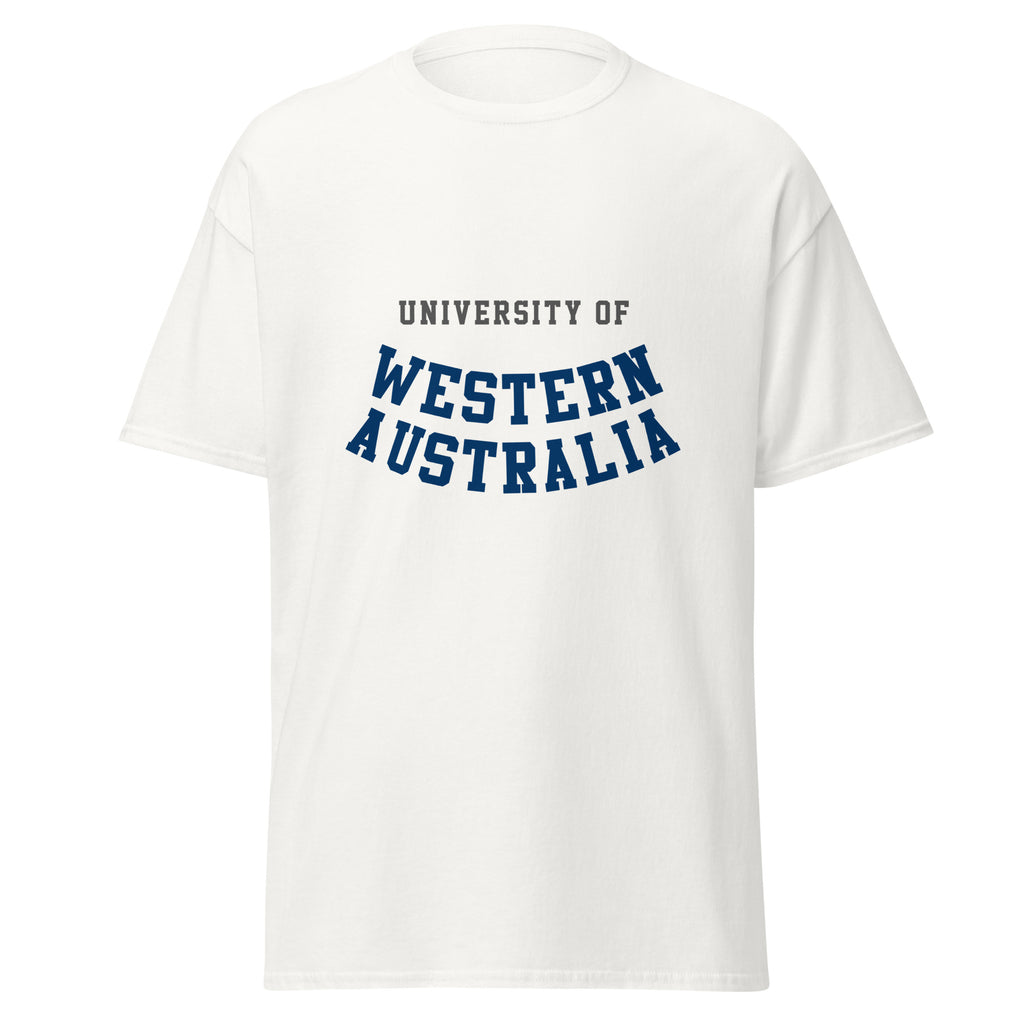 Unisex navy blue t-shirt featuring University of Western Australia logo printed across the front chest