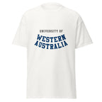 Unisex navy blue t-shirt featuring University of Western Australia logo printed across the front chest