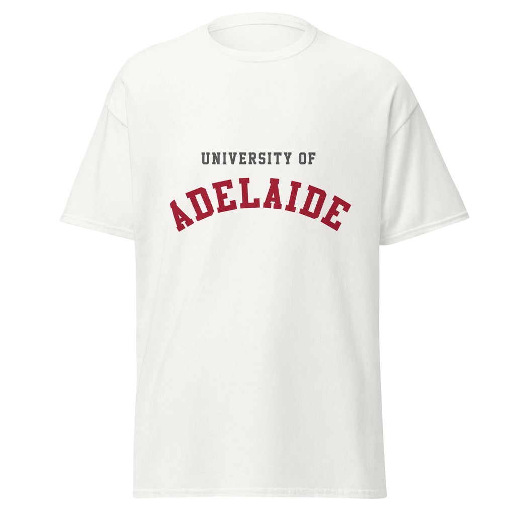 Unisex black t-shirt featuring University of Adelaide logo printed across the front chest