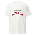 Unisex black t-shirt featuring University of Adelaide logo printed across the front chest