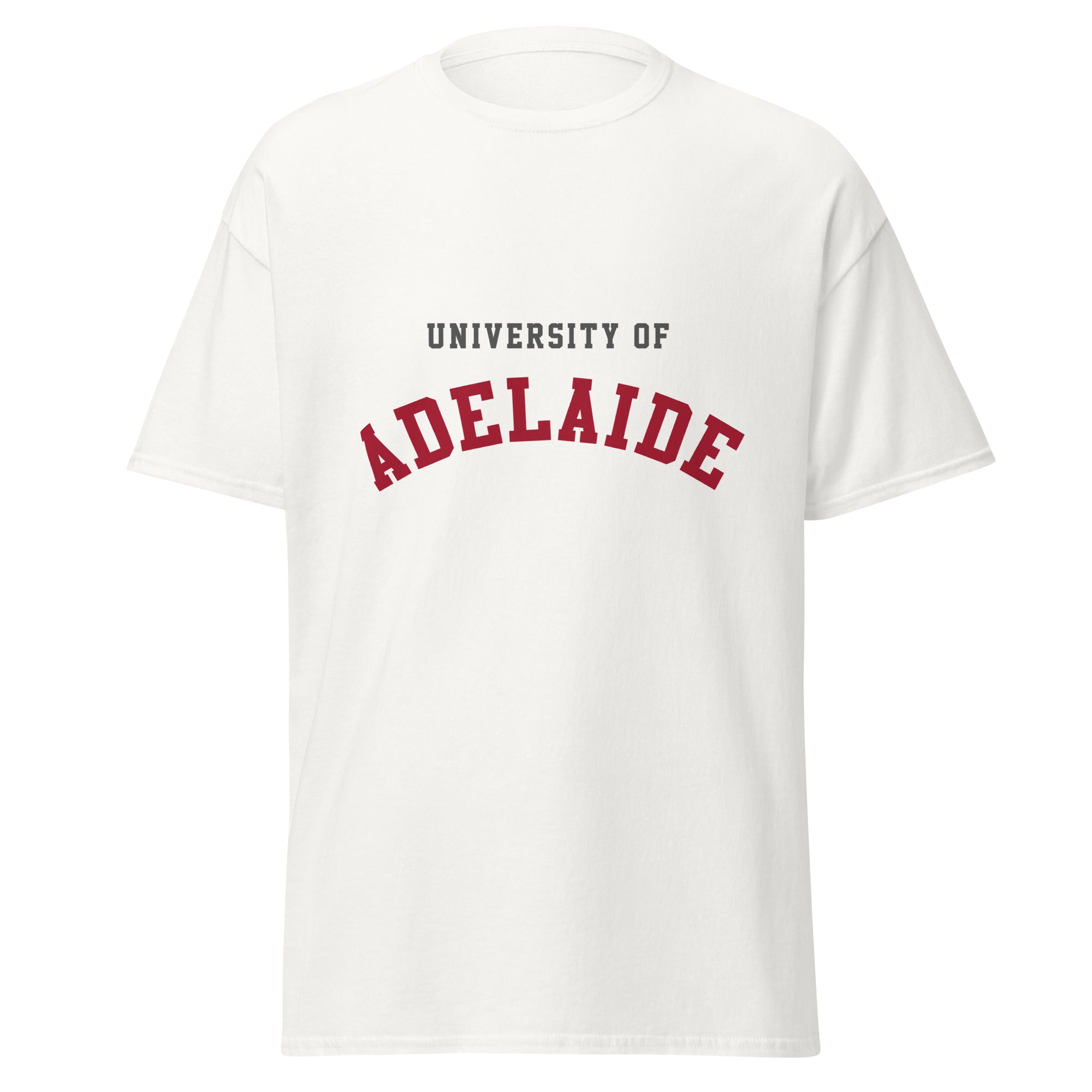 Unisex black t-shirt featuring University of Adelaide logo printed across the front chest