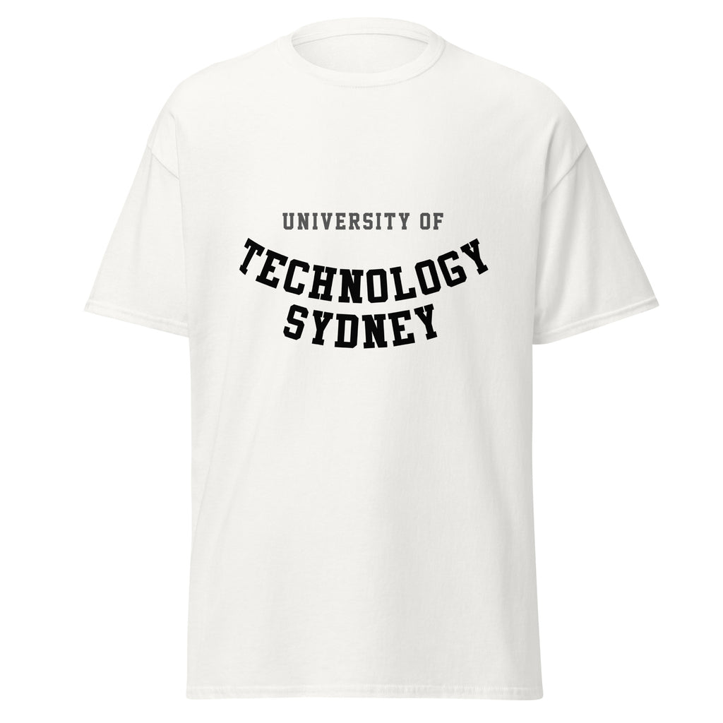Unisex navy blue t-shirt featuring University of Technology Sydney logo printed across the front chest