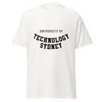 Unisex navy blue t-shirt featuring University of Technology Sydney logo printed across the front chest