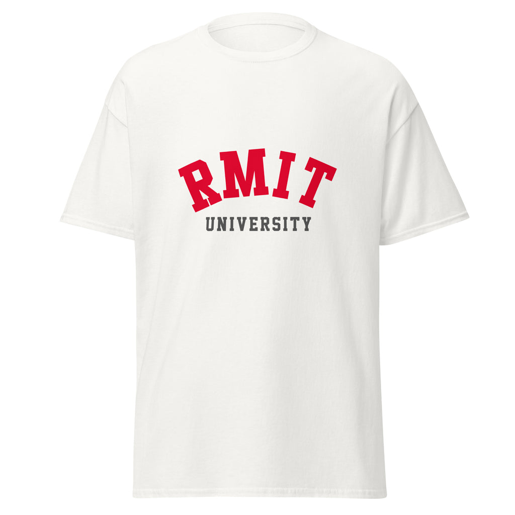 Unisex black t-shirt featuring RMIT University logo printed across the front chest