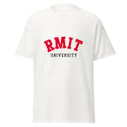 Unisex black t-shirt featuring RMIT University logo printed across the front chest