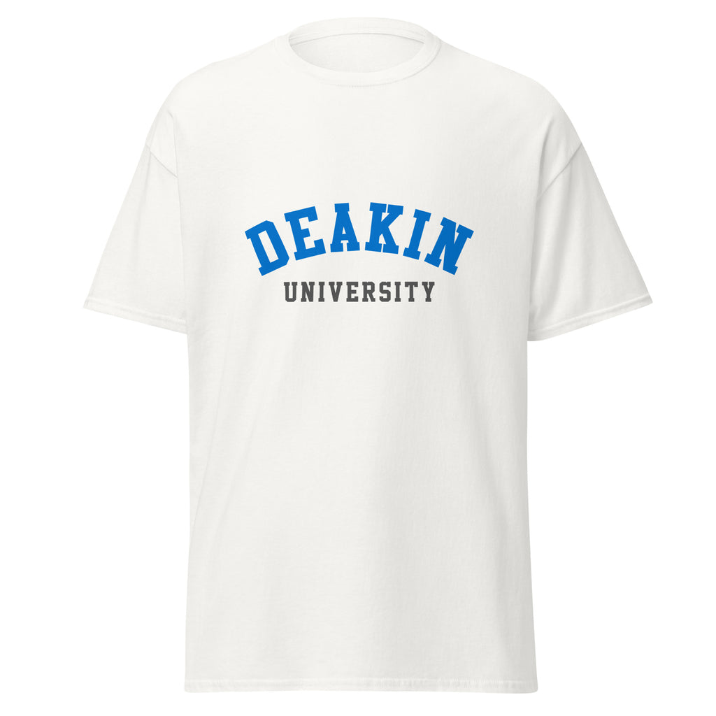 Unisex heather gray t-shirt featuring Deakin University logo printed across the front chest