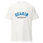 Unisex heather gray t-shirt featuring Deakin University logo printed across the front chest
