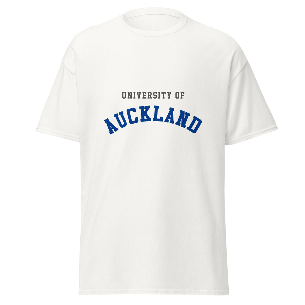 Unisex black t-shirt featuring University of Auckland logo printed across the front chest