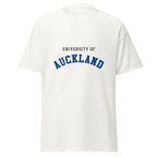 Unisex black t-shirt featuring University of Auckland logo printed across the front chest