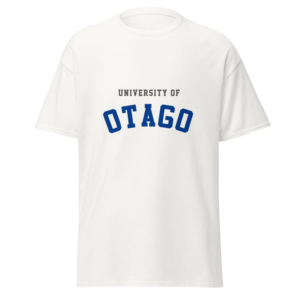 Unisex black t-shirt featuring University of Otago logo printed across the front chest