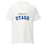 Unisex black t-shirt featuring University of Otago logo printed across the front chest