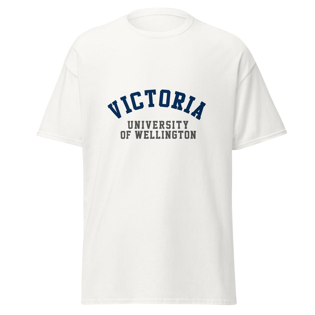 Unisex black t-shirt featuring Victoria University of Wellington logo printed across the front chest